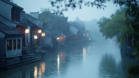 江南水乡雨中夜景古建灯笼倒映水中