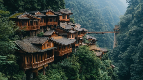 山间的特色木屋建筑风景