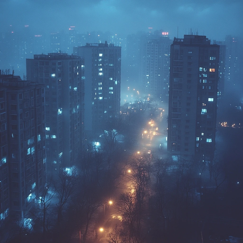 雾霭夜色下的城市高楼灯火通明景象