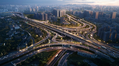 城市立交枢纽交通繁忙景象鸟瞰图