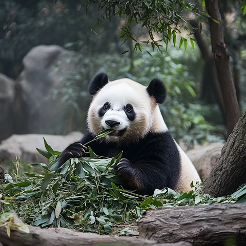 熊猫在自然环境中悠闲吃竹叶的场景