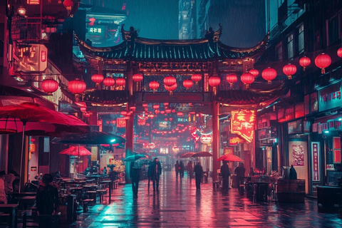 雨夜红灯笼装点的中式老街