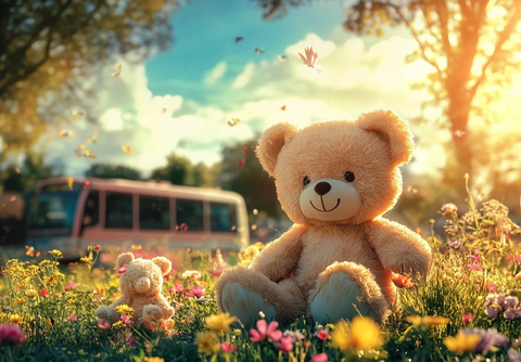 泰迪熊与花田