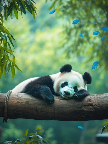 熊猫慵懒趴树干休息画面