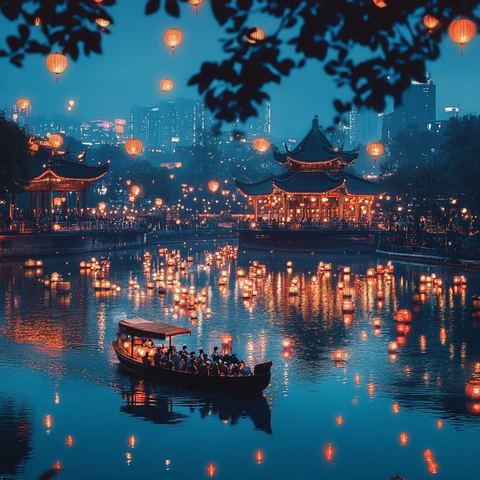 古亭灯火映河面游船赏灯夜景如画