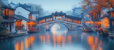 古桥横跨水乡两岸灯火倒映水面