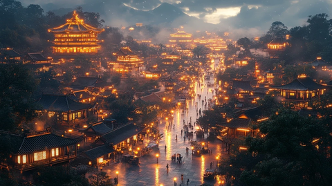 灯火通明的古城镇夜景俯瞰全景