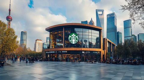 繁华都市中坐落着的星巴克咖啡店