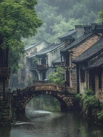 雨中江南水乡古镇石桥与建筑的景致