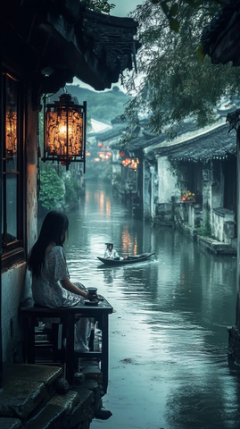 水乡女子独坐赏景