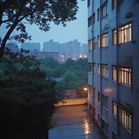 暮色下的城市建筑与树木风景