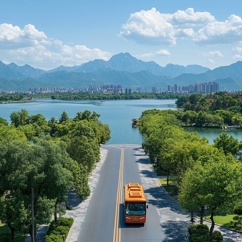 山水间的公路上行驶着一辆橙色大巴