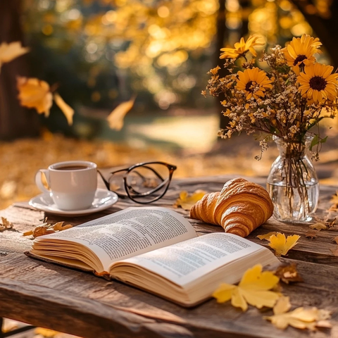 花园中的书本与咖啡