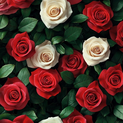 红白玫瑰与绿叶