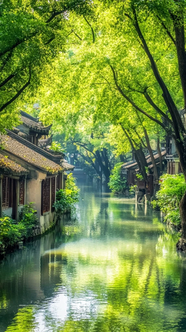 江南水乡绿树环绕的河道景观