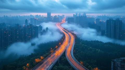 云雾中城市高架桥流光溢彩的景象