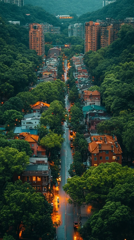 绿树环绕的城市街道俯瞰图