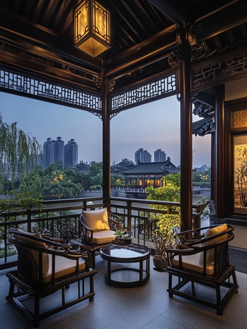 中式风格阳台古雅桌椅夜景全景