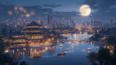 满月下灯火辉煌的中式建筑与城市夜景