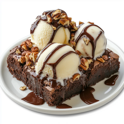 胡桃布朗尼配冰淇淋和巧克力酱