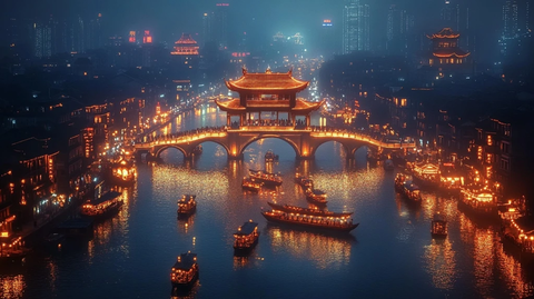 灯火辉煌的中式古桥夜景