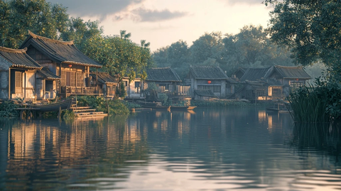 水边古旧民居建筑群的自然乡村风光