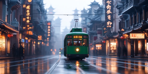 老上海风格街道上的绿色电车