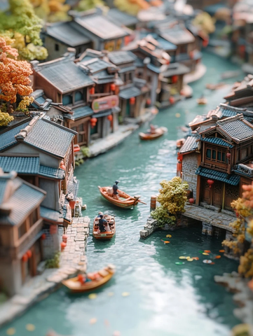江南水乡建筑与小船的微缩景观