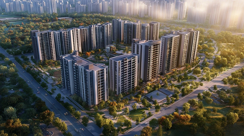 城市中绿化环绕的小区鸟瞰全景