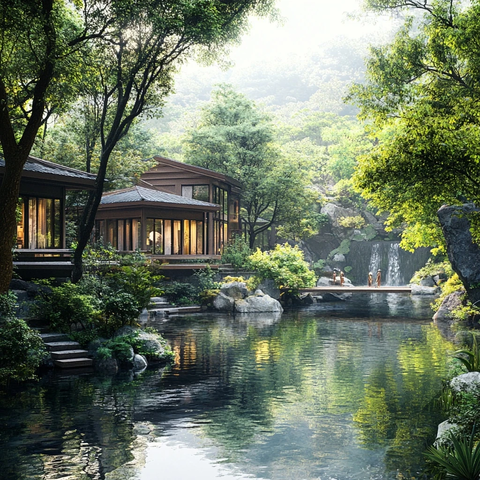 林间水边的现代小屋自然景观