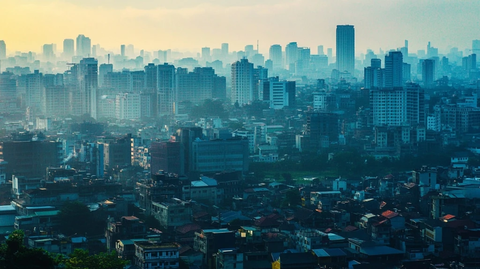 雾霭中的城市高楼建筑全景