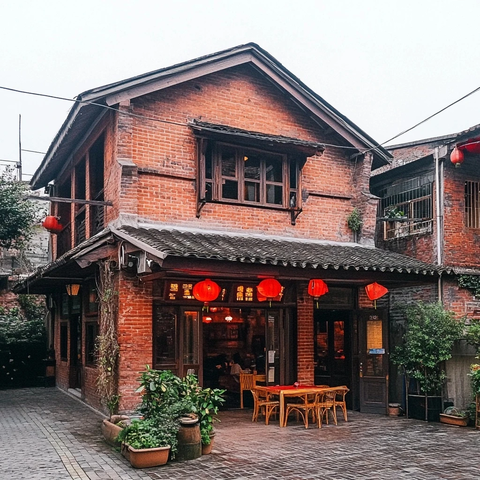 红砖房中式餐馆外景
