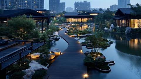 城市中宁静雅致的园林景观夜景