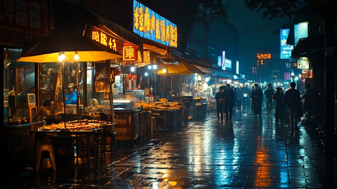 夜晚灯光下热闹的街道夜市