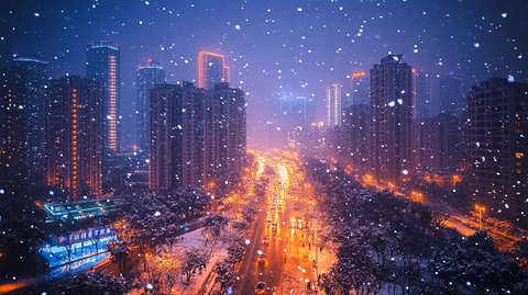雪夜城市街道高楼林立灯火通明的景象