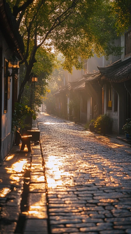 阳光洒在石板路上的古街宁静景象