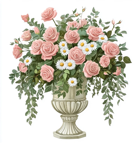 粉色玫瑰与白雏菊插花