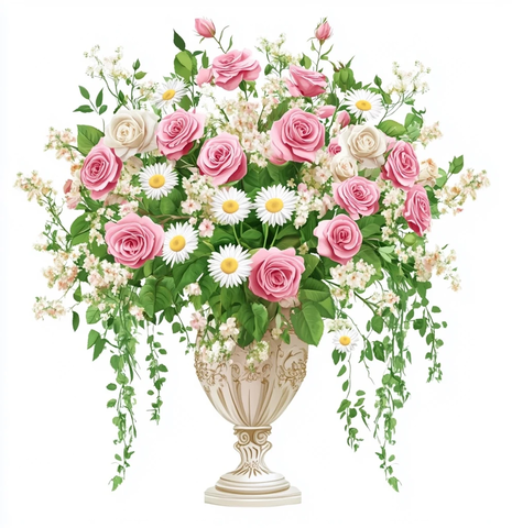 粉色玫瑰与白色雏菊插花