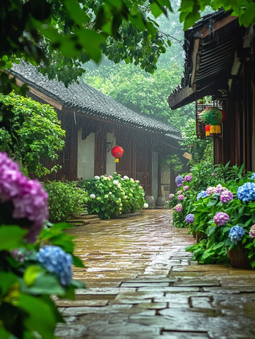 雨中的古村小径鲜花绿植相伴景致优美