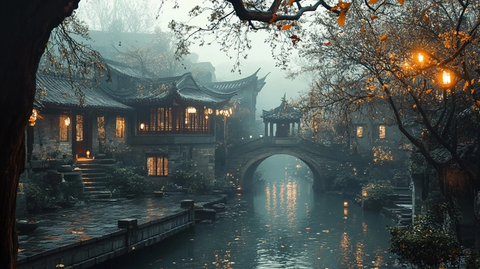 江南水乡古建筑与石桥夜景