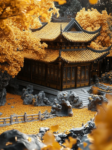 古风建筑坐落金黄落叶间的雅致景象