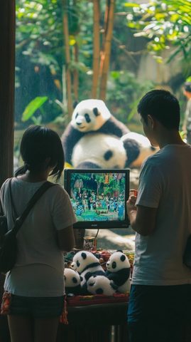 男女观看熊猫并观赏相关视频的场景