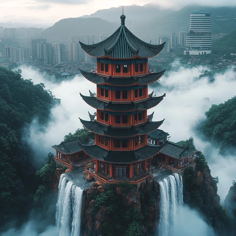 云雾中瀑布上的古楼阁鸟瞰全景