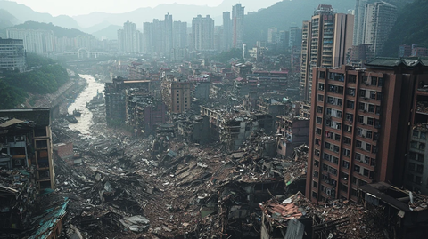 城市中被摧毁建筑的废墟景象