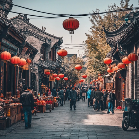 古街红灯笼下的热闹人群