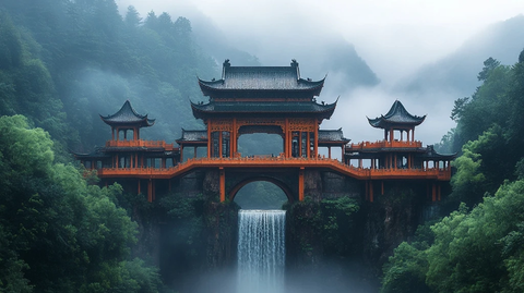 山间中式古建景观桥与瀑布的自然之美