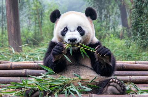 熊猫坐在竹林中进食竹叶的可爱模样