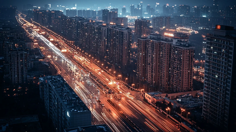 城市夜景下的车流及两旁林立的高楼