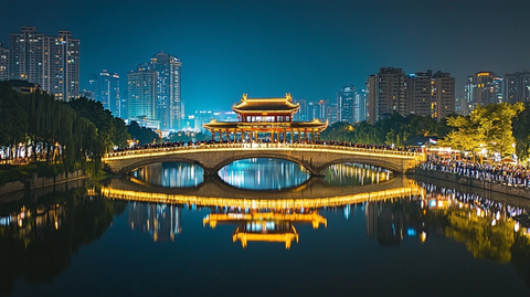 灯火辉煌的中式廊桥夜景