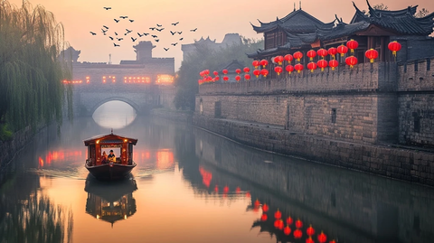 古运河上小船行沿岸古建筑灯火通明